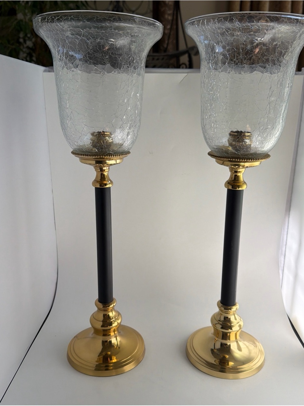 Black Metal & Brass Candlestick Holders with Crackled Glass Hurricane Heavy
